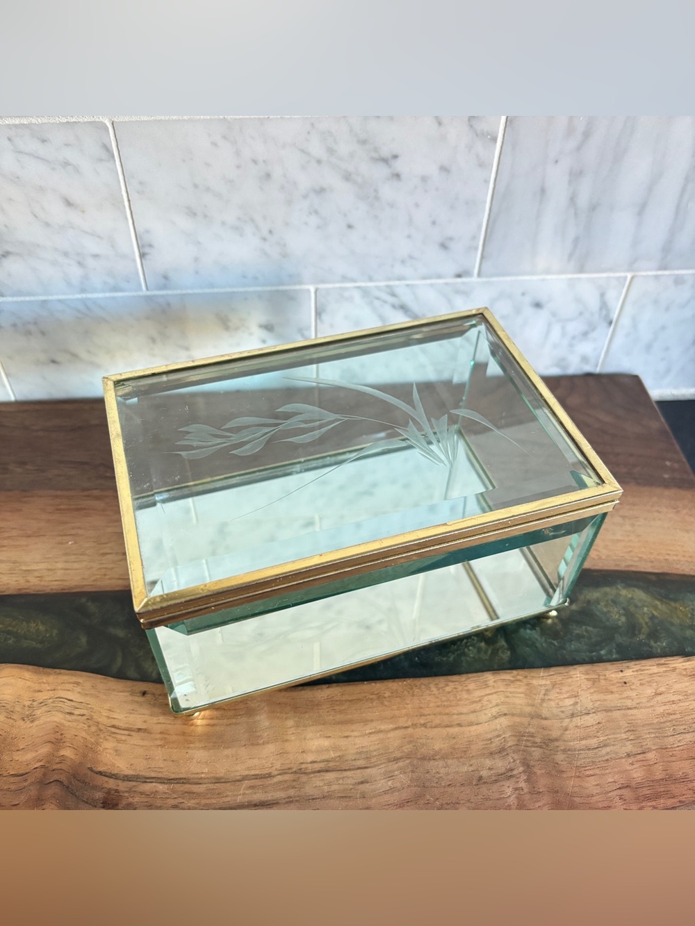 Vintage Beveled Glass and Brass Mirrored Jewelry Trinket Box w/ Etching (Large)